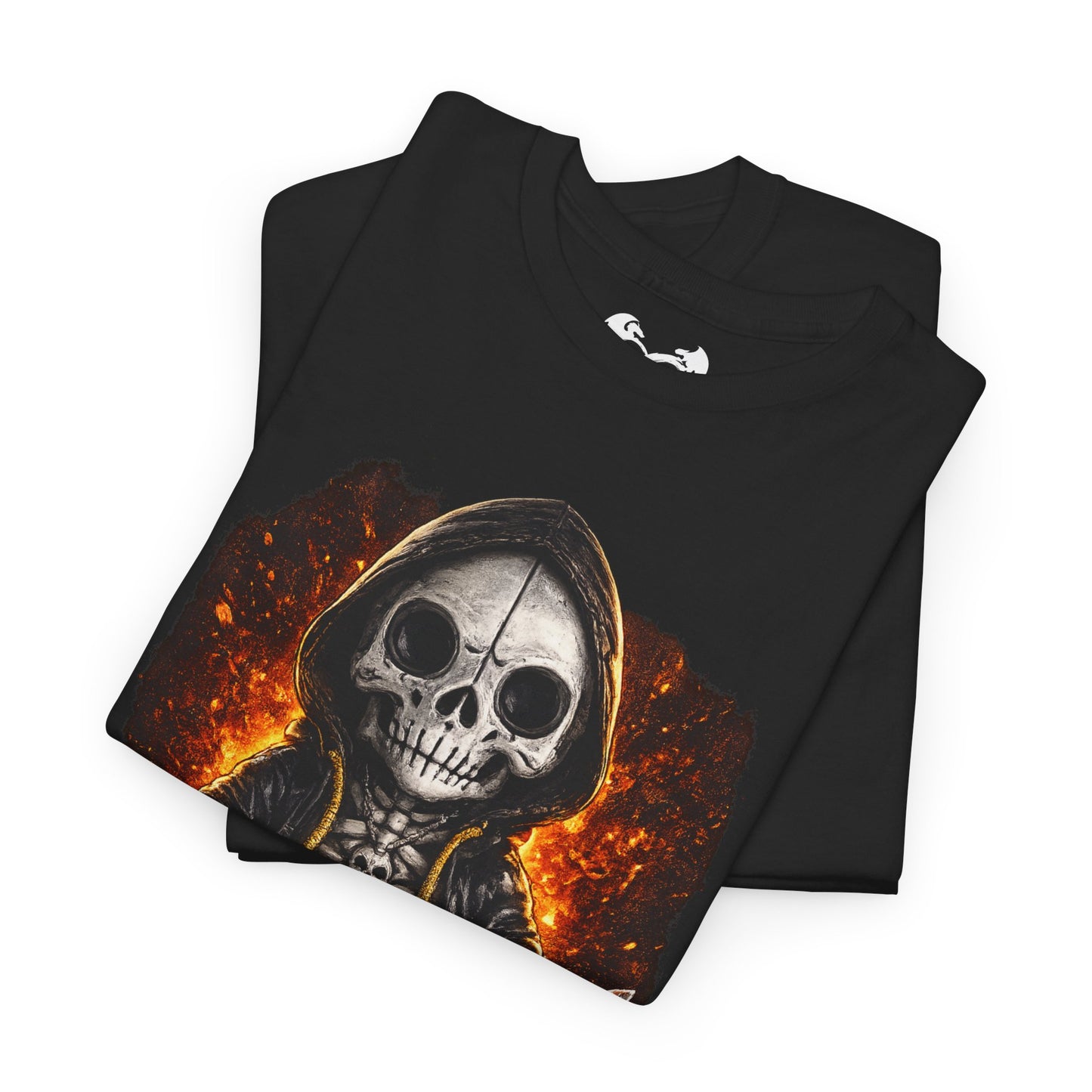 Black t-shirt with a skeleton design on a white background