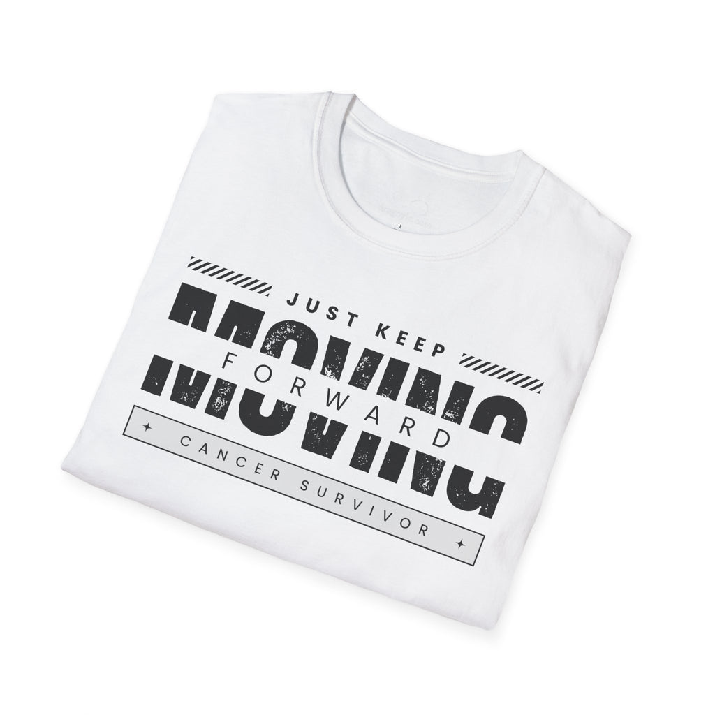 This unisex t-shirt is a canvas for self-expression, crafted for those who embrace resilience. With the phrase "Just Keep Moving Forward - Cancer Survivor" emblazoned across the chest, it celebrates strength and spirit.
