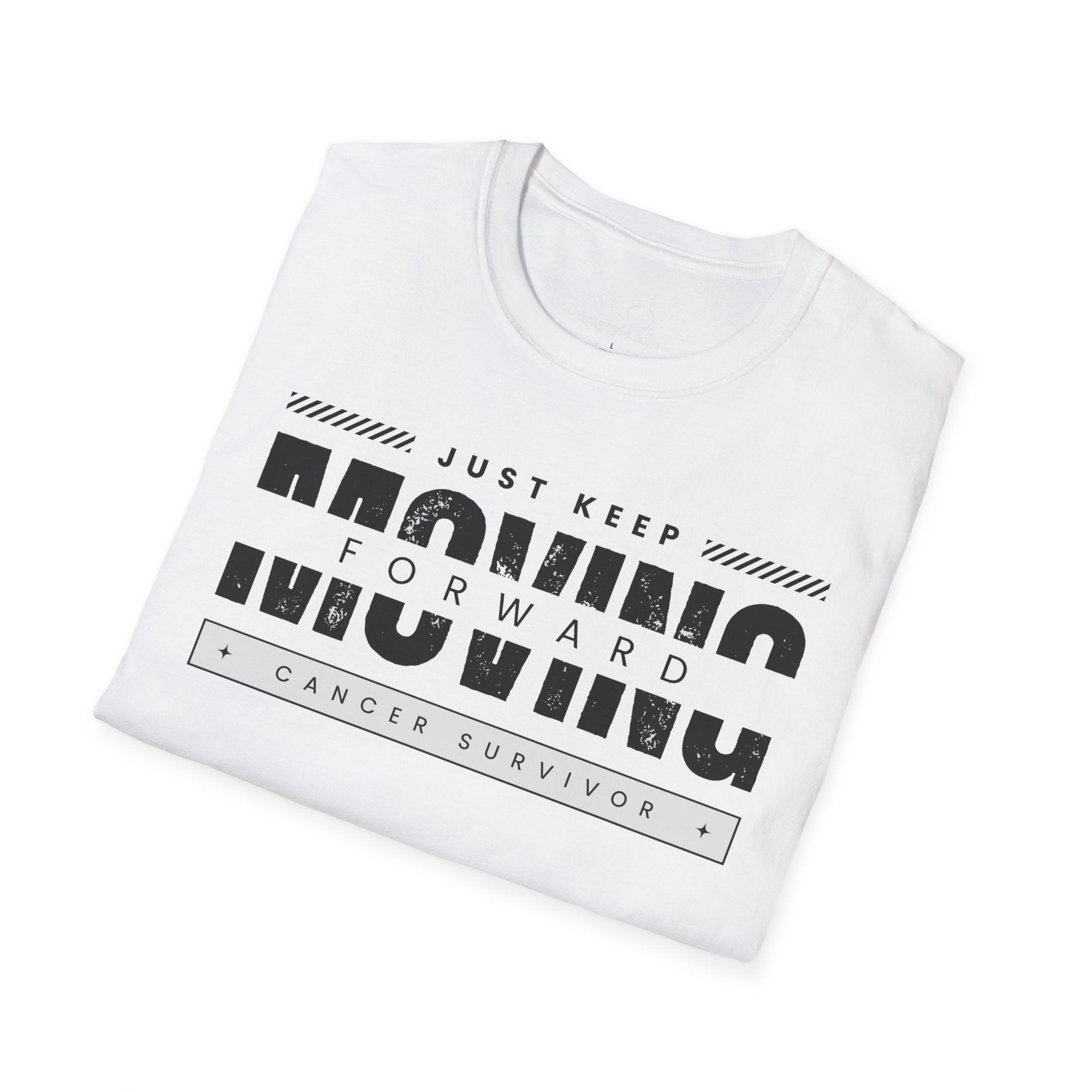 This unisex t-shirt is a canvas for self-expression, crafted for those who embrace resilience. With the phrase "Just Keep Moving Forward - Cancer Survivor" emblazoned across the chest, it celebrates strength and spirit.