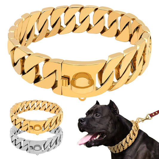 Elevate your dog’s style with this 32mm stainless steel gold chain collar, combining durability with refined elegance. Crafted from premium stainless steel, it offers lasting strength while the gold finish adds a touch of luxury. 