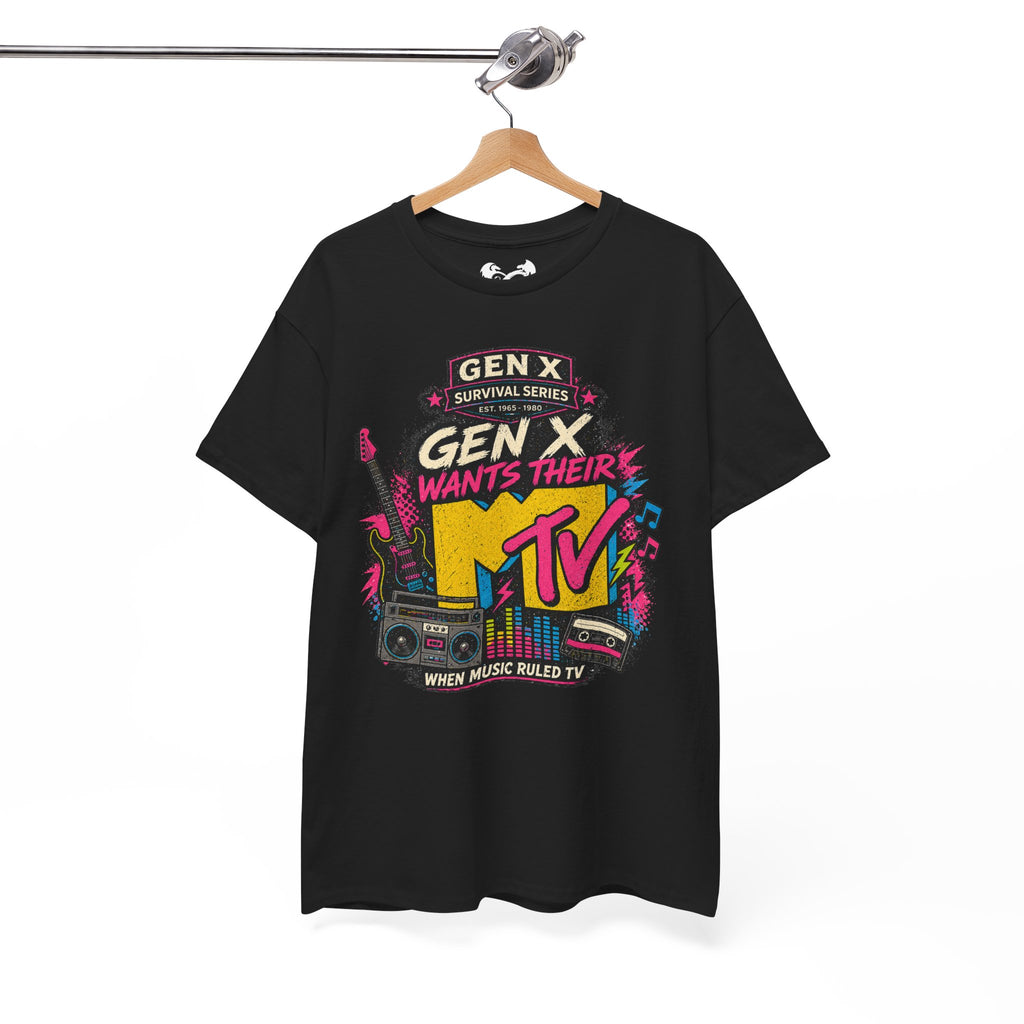 Black t-shirt with colorful 'MTV' graphic on a hanger against a white background