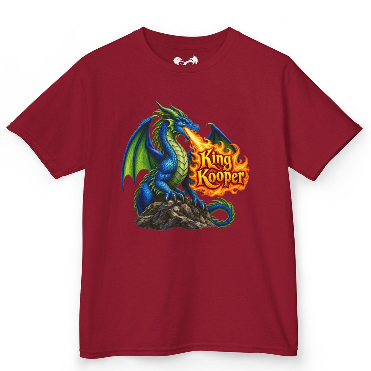 A red short-sleeve crewneck t-shirt featuring a colorful graphic of a blue and green dragon breathing fire, with the text 'King Kooper' in orange flames, displayed on a clean white background.