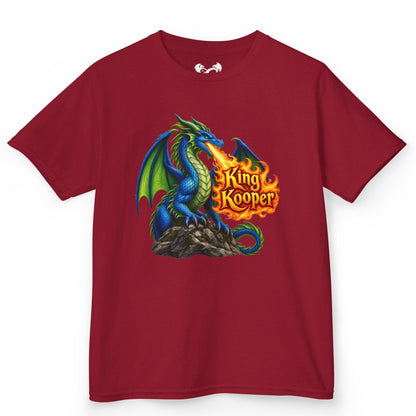 A red short-sleeve crewneck t-shirt featuring a colorful graphic of a blue and green dragon breathing fire, with the text 'King Kooper' in orange flames, displayed on a clean white background.