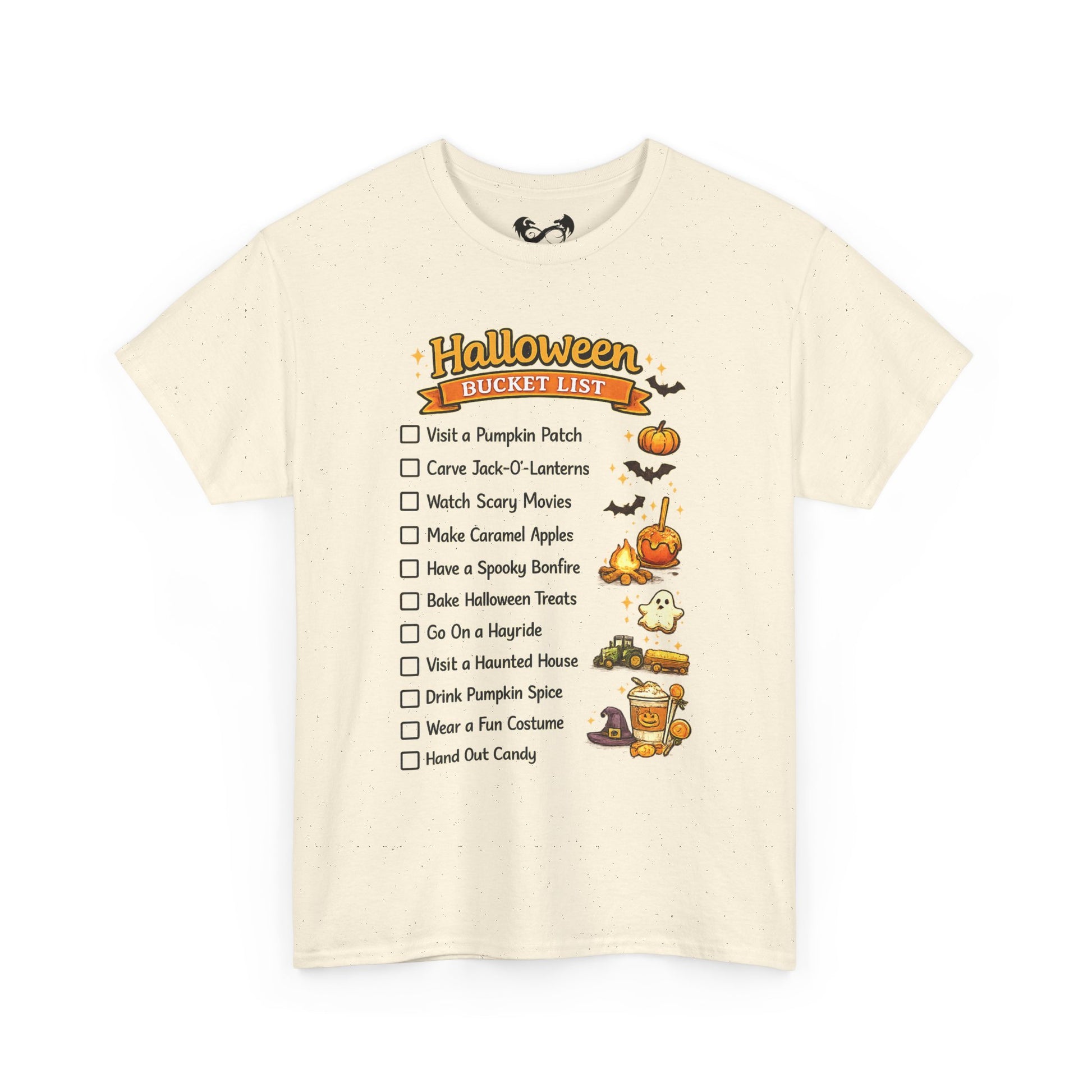 An off-white short-sleeve t-shirt with a 'Halloween Bucket List' graphic printed on the front, displayed against a solid white background.