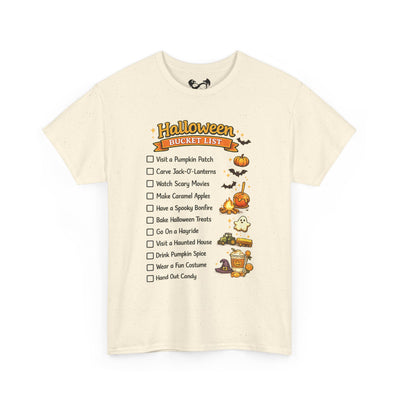 An off-white short-sleeve t-shirt with a 'Halloween Bucket List' graphic printed on the front, displayed against a solid white background.