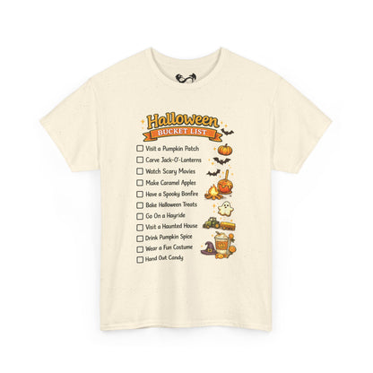 An off-white short-sleeve t-shirt with a 'Halloween Bucket List' graphic printed on the front, displayed against a solid white background.