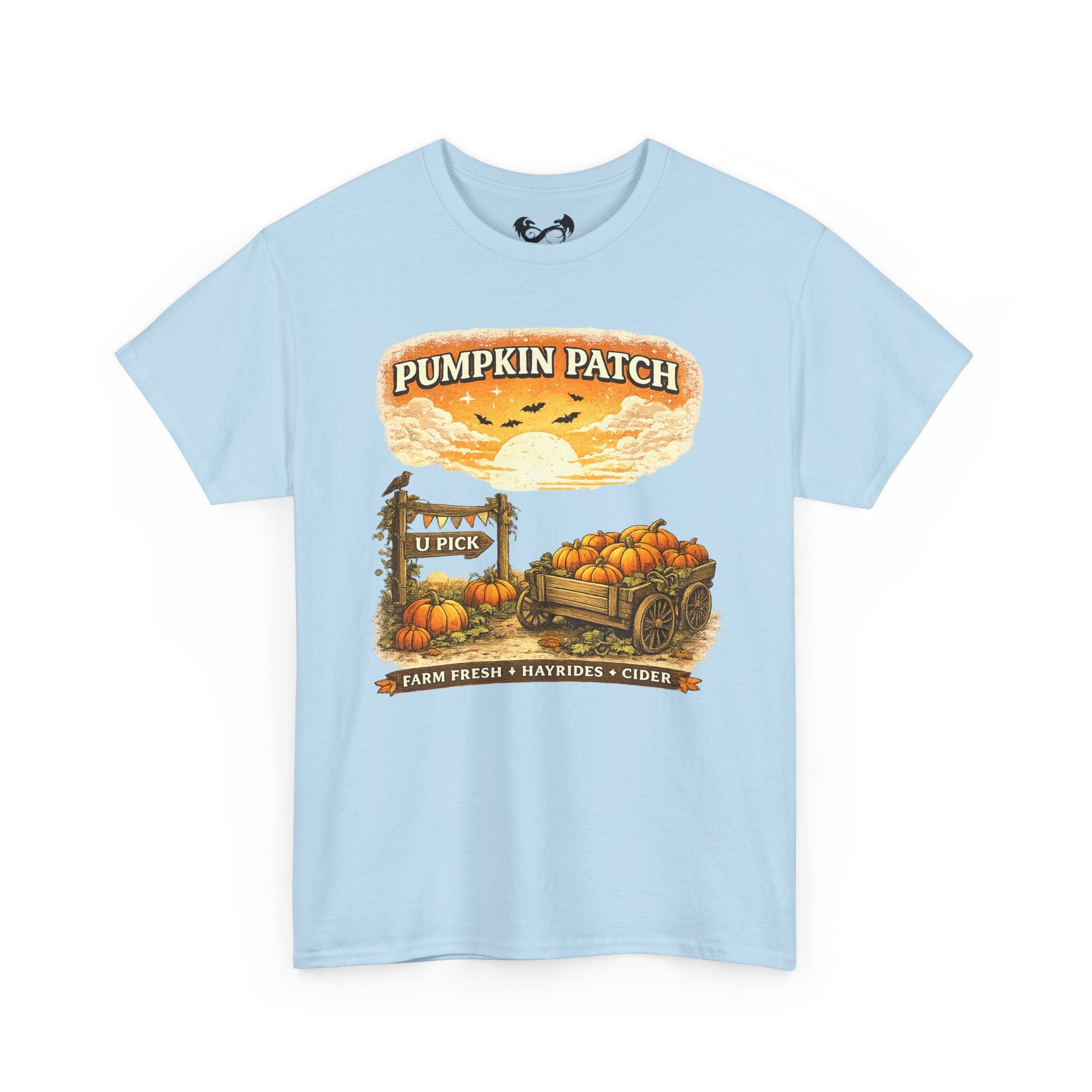 A light blue short-sleeve crewneck t-shirt featuring a vintage-style autumn graphic on the front with pumpkins, a wagon, and the text 'PUMPKIN PATCH' and 'FARM FRESH & MARYLAND CIDER'.