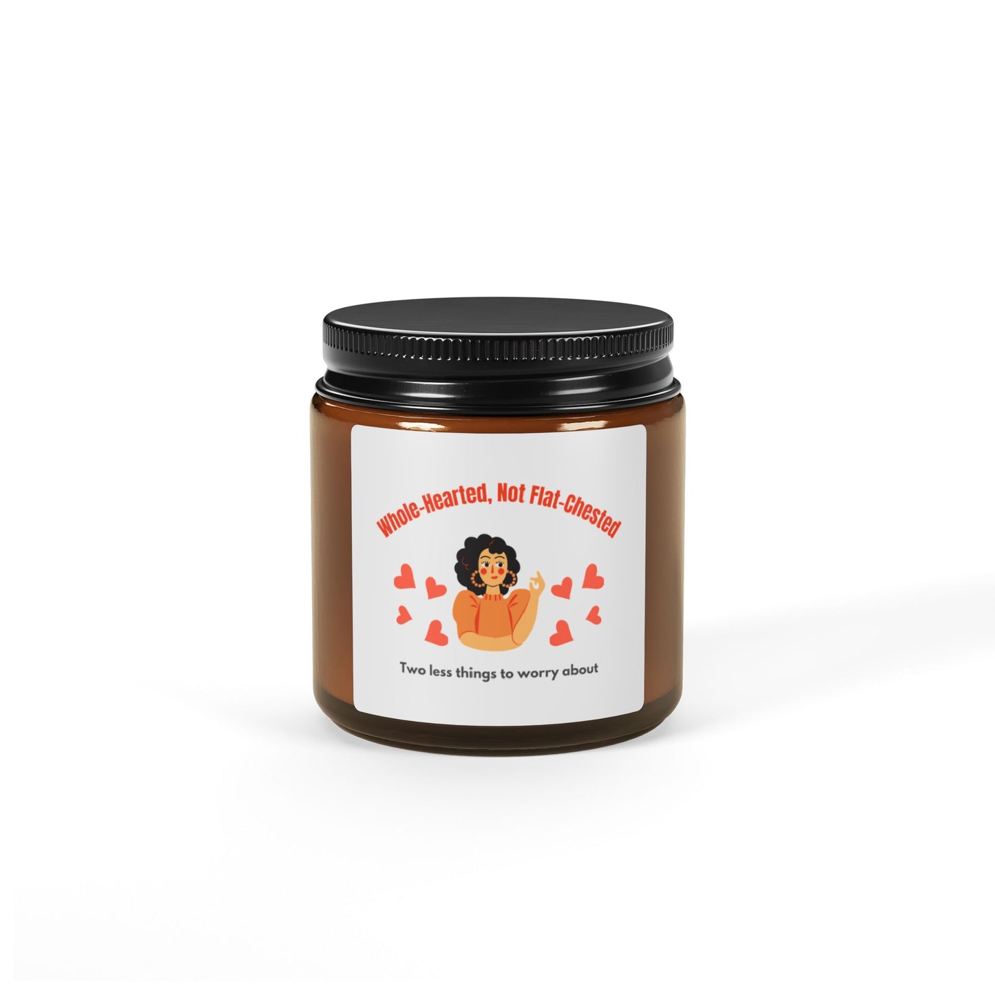 Jar with a black lid and a label featuring text and graphics on a white background