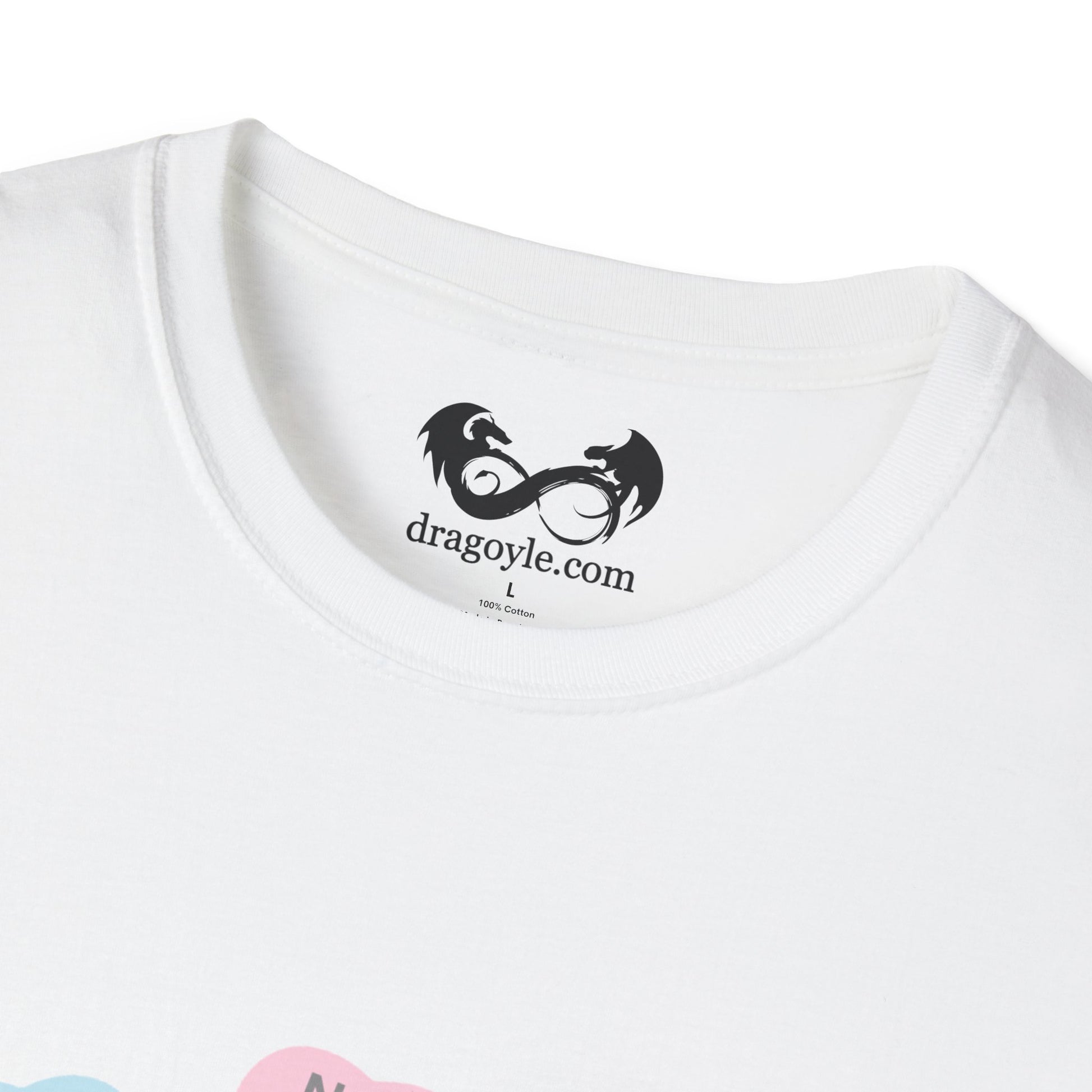 White t-shirt with a black logo and text on a white background