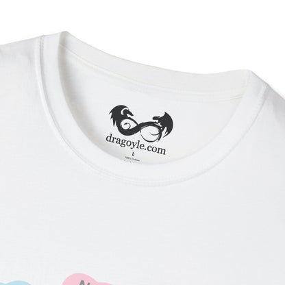 White t-shirt with a black logo and text on a white background