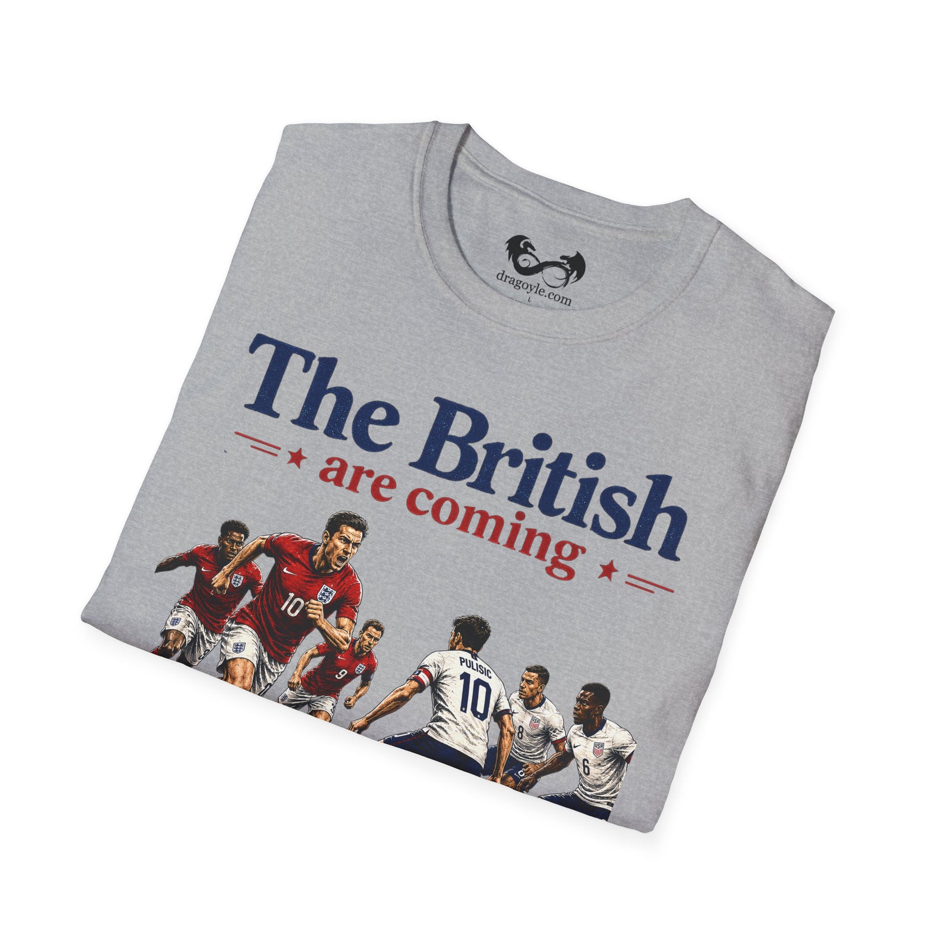 Folded gray t-shirt with sports-themed graphic and text on a white background