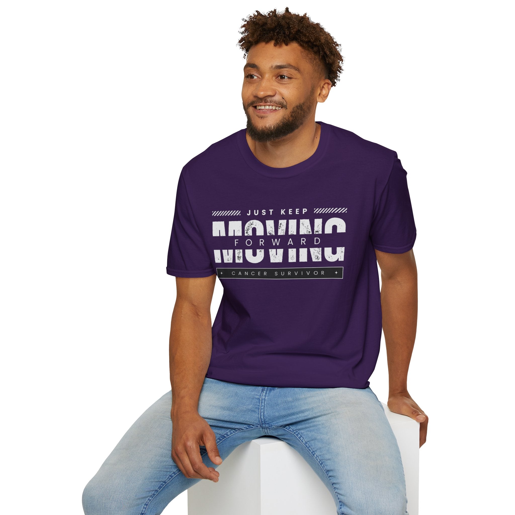 This unisex t-shirt is a canvas for self-expression, crafted for those who embrace resilience. With the phrase "Just Keep Moving Forward - Cancer Survivor" emblazoned across the chest, it celebrates strength and spirit.