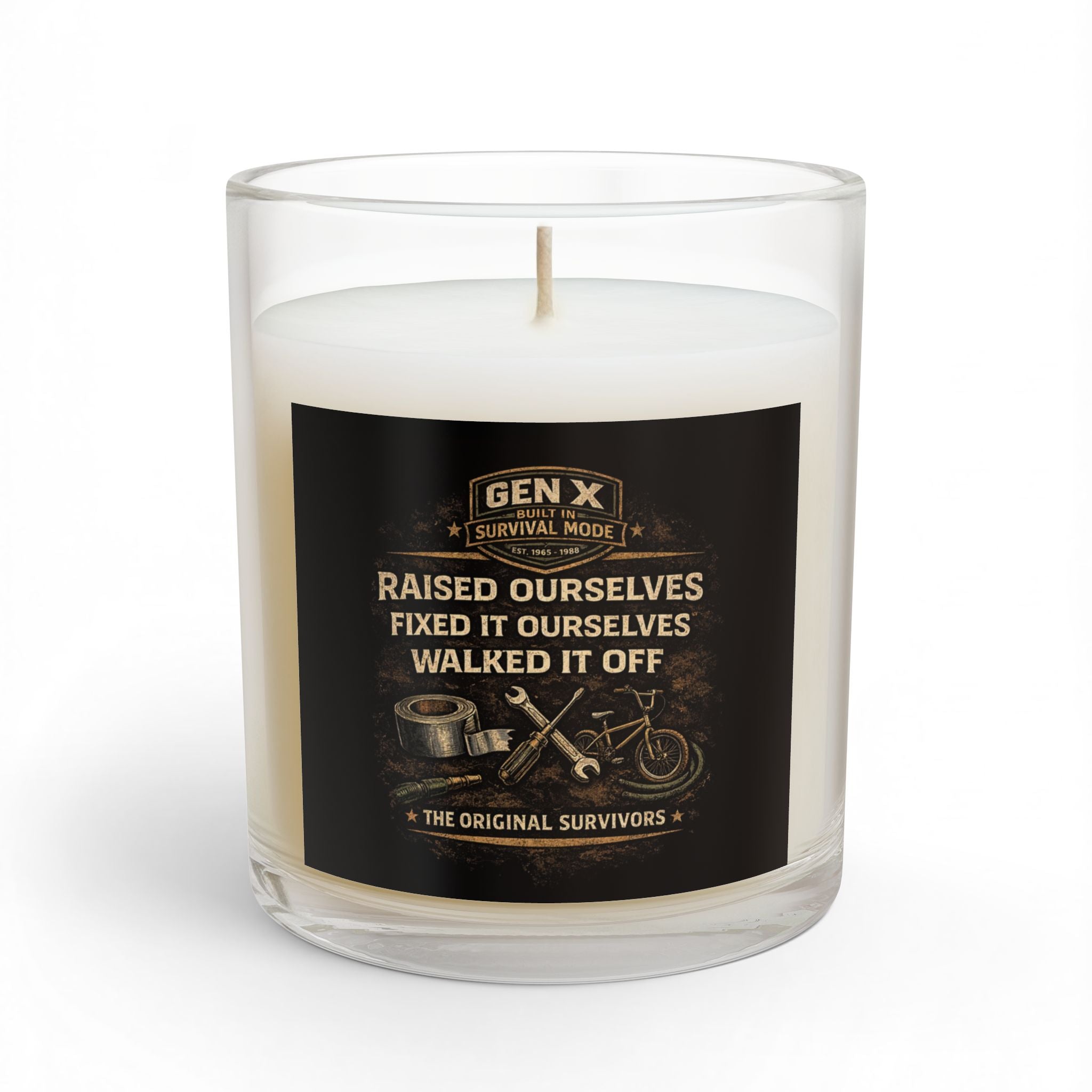 Candle with a label on a white background