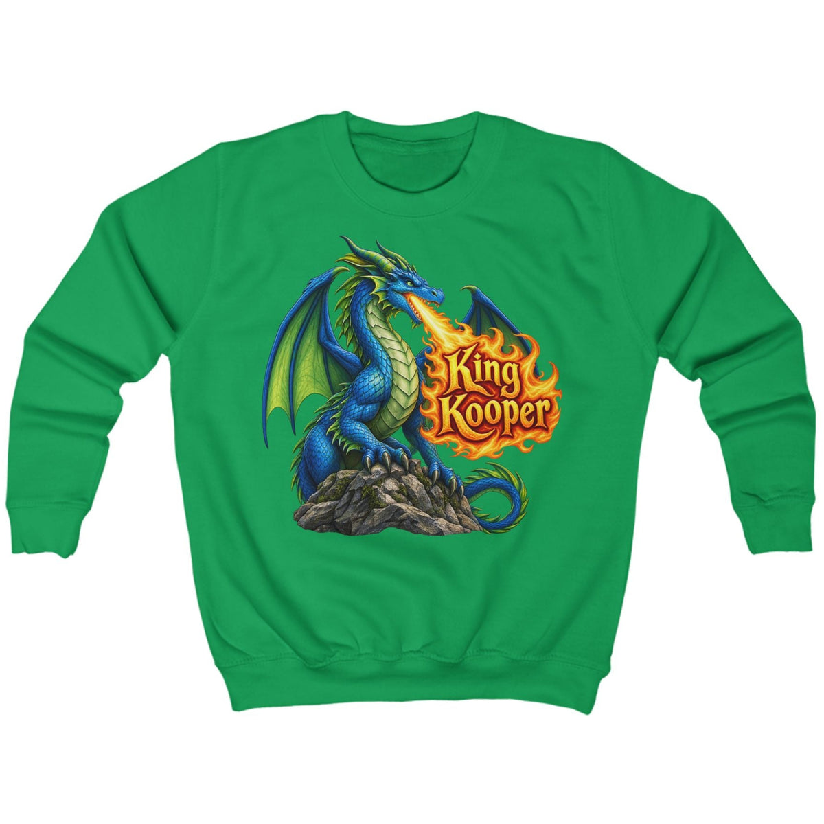 A green crewneck sweatshirt featuring a colorful graphic of a blue dragon breathing fire, with the text 'King Kooper' in orange flames.