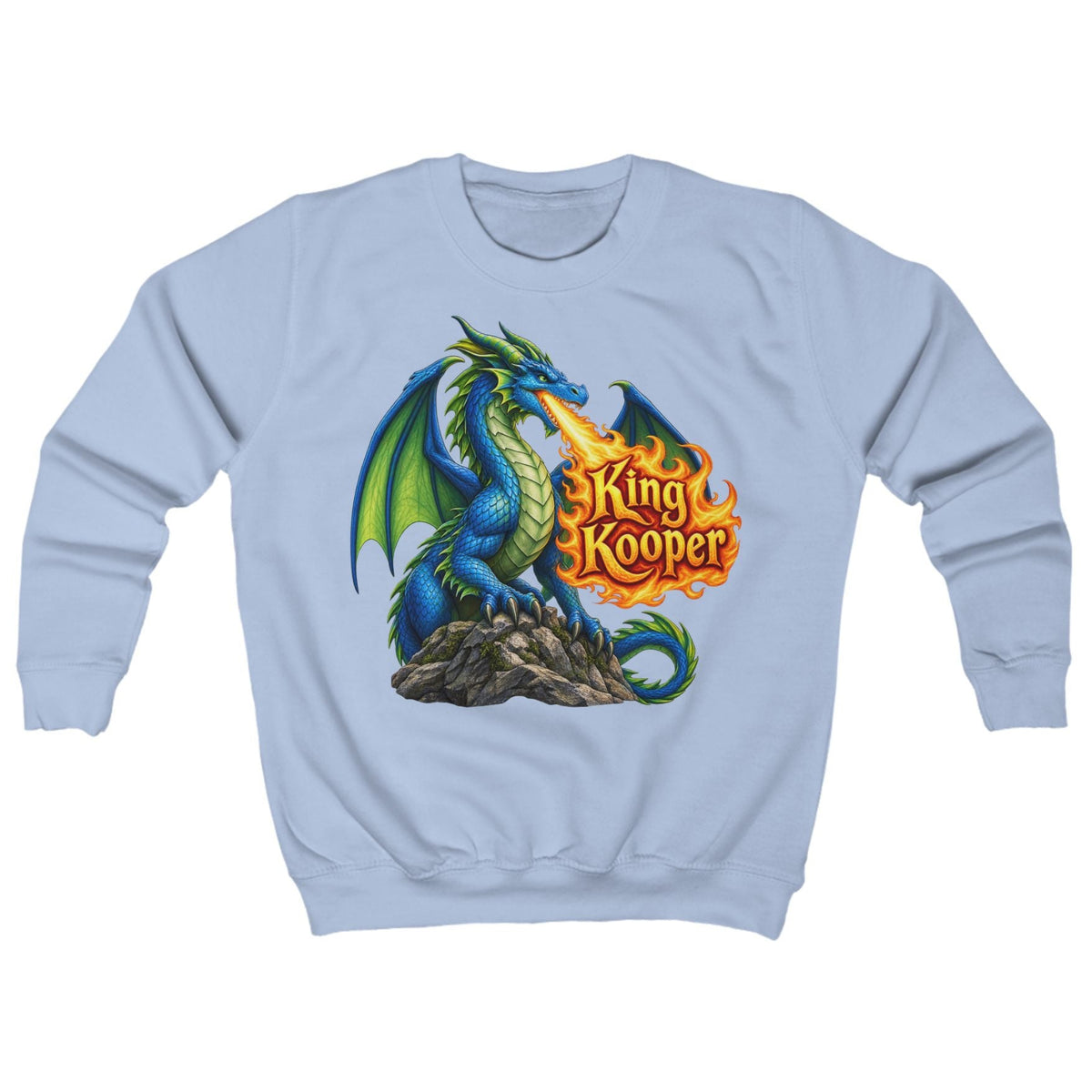 A light blue crewneck sweatshirt featuring a colorful graphic of a blue and green dragon breathing fire, with the text 'King Kooper' in orange flames, displayed on a clean white background.