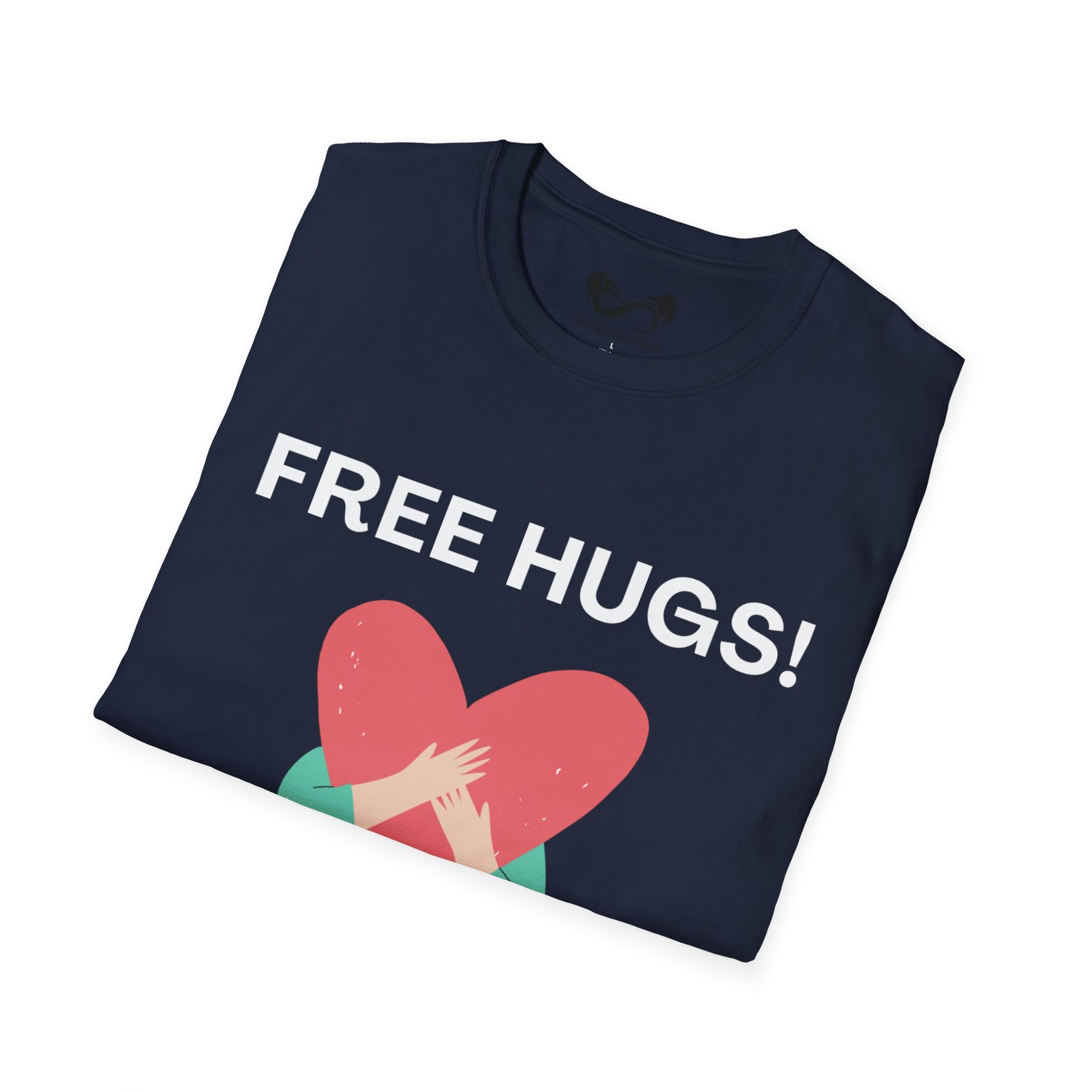 Navy blue t-shirt with 'FREE HUGS!' text and heart graphic on a white background