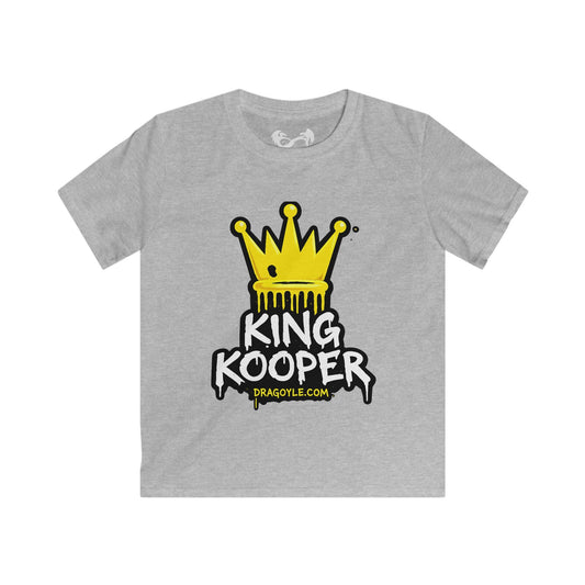 A heather gray short-sleeve t-shirt with a graphic on the chest featuring a yellow crown above the text 'KING KOOPER' in white and black, with 'DRAGOYLE.COM' underneath.