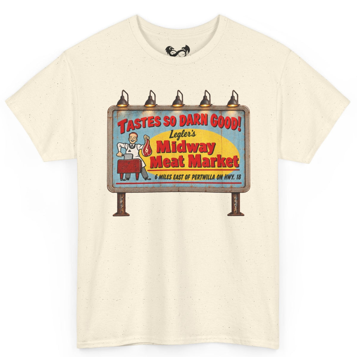 Bring a little vintage roadside horror to your wardrobe with this Jeepers Creepers-inspired Midway Meat Market T-shirt. Featuring the unmistakable retro roadside billboard design, distressed colors, bold red lettering, and classic old-school butcher-shop artwork, this shirt has the perfect mix of creepy, nostalgic, and Americana charm.