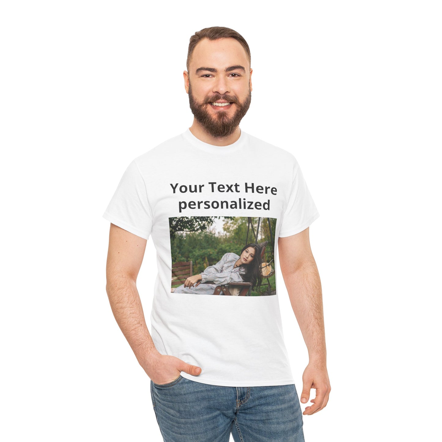 Man wearing a white t-shirt with a personalized photo and text design on a white background