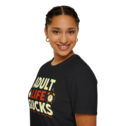 Person wearing a black t-shirt with colorful text and graphics on a white background