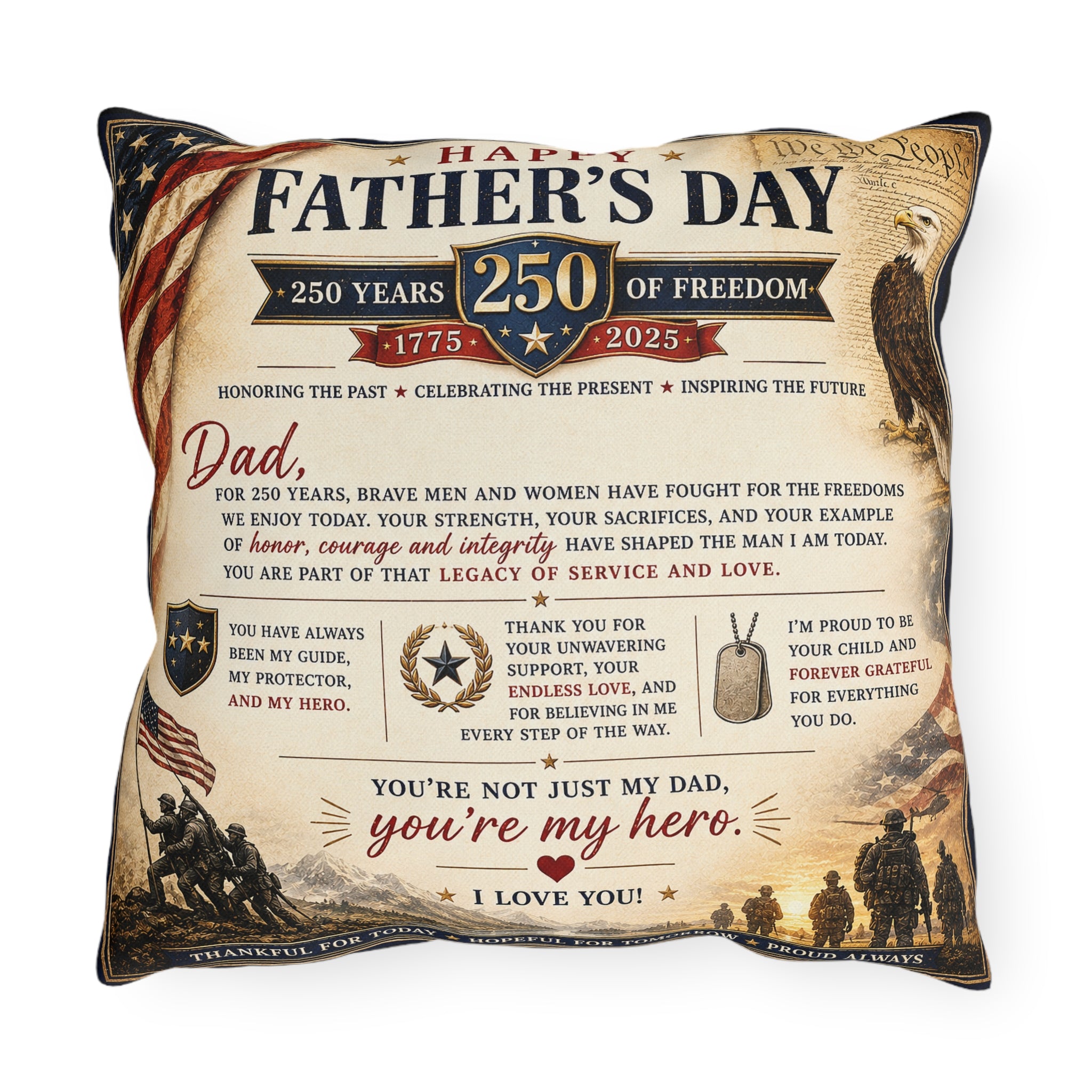 Father's Day pillow with military-themed design and text on a white background