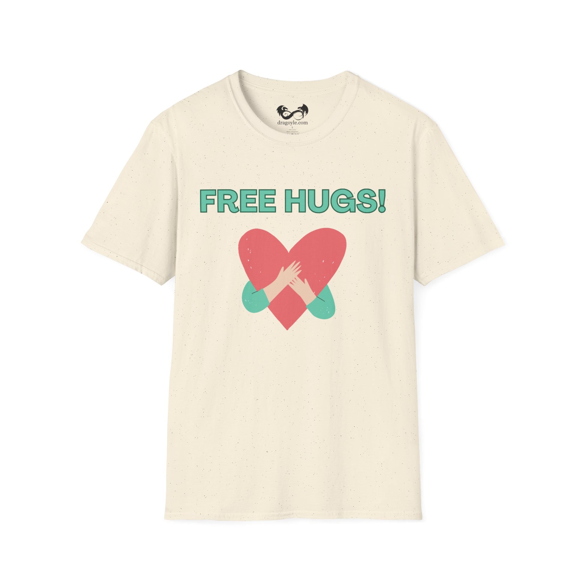 Beige t-shirt with a red heart and 'FREE HUGS!' text on a white background