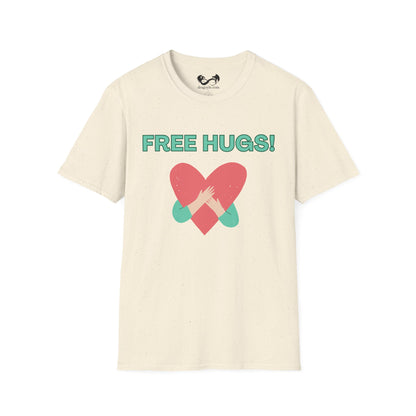 Beige t-shirt with a red heart and 'FREE HUGS!' text on a white background