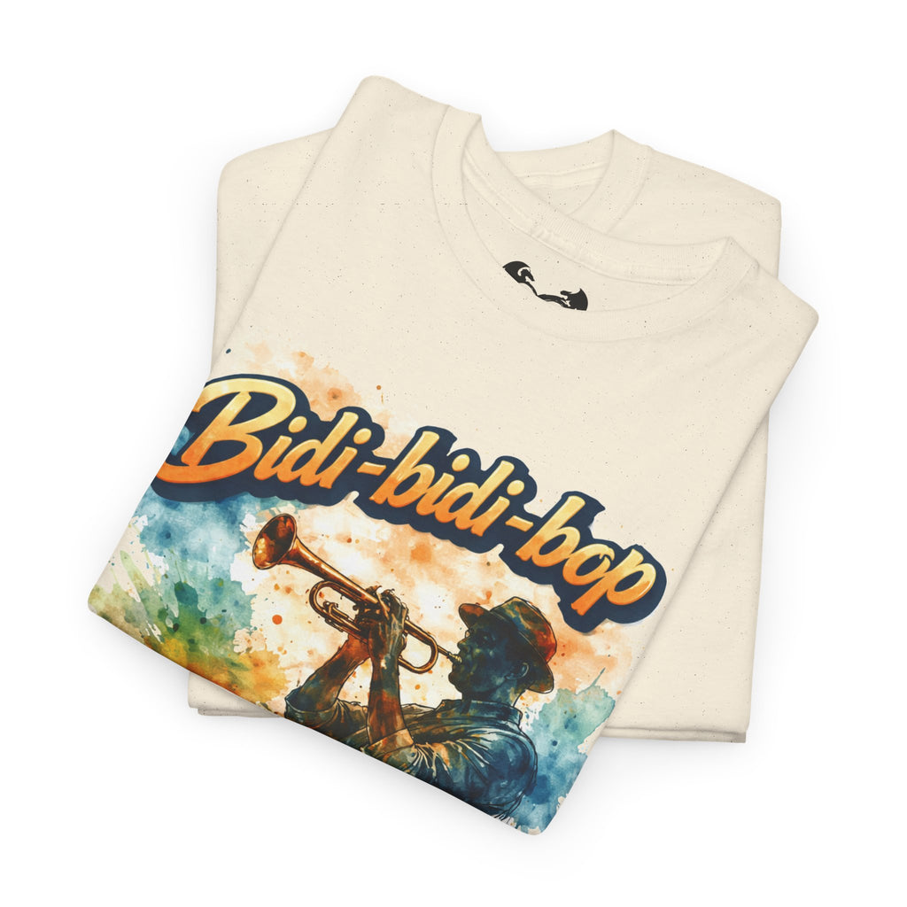 Folded t-shirt with 'Bidi-bidi-bop' design and character illustration on a white background