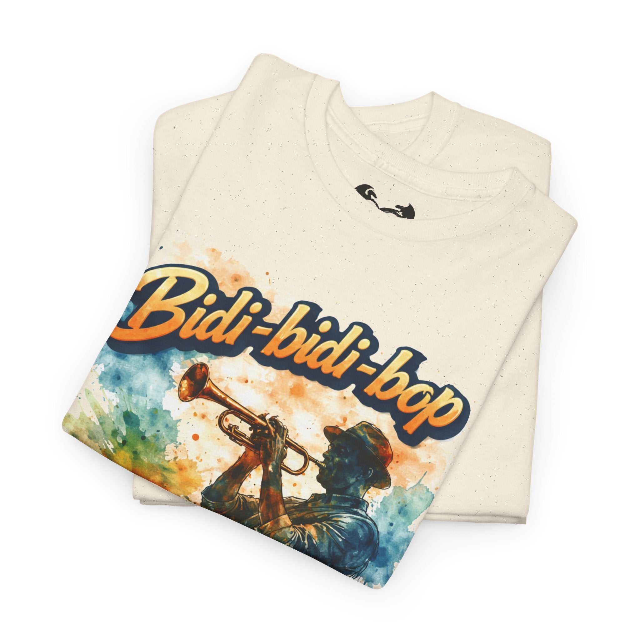 Folded t-shirt with 'Bidi-bidi-bop' design and character illustration on a white background