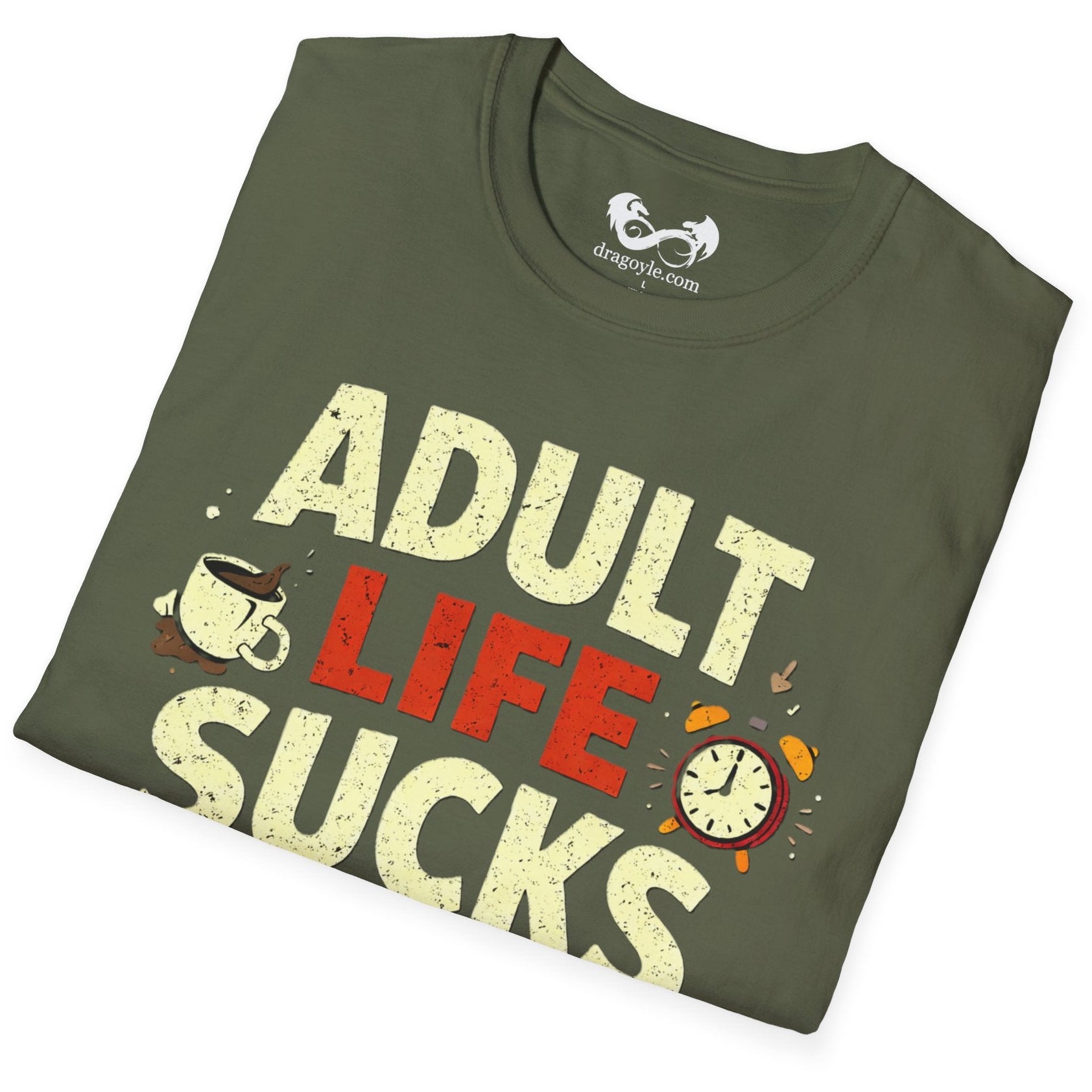 Folded green t-shirt with 'Adult Life Sucks' text and graphics on a white background