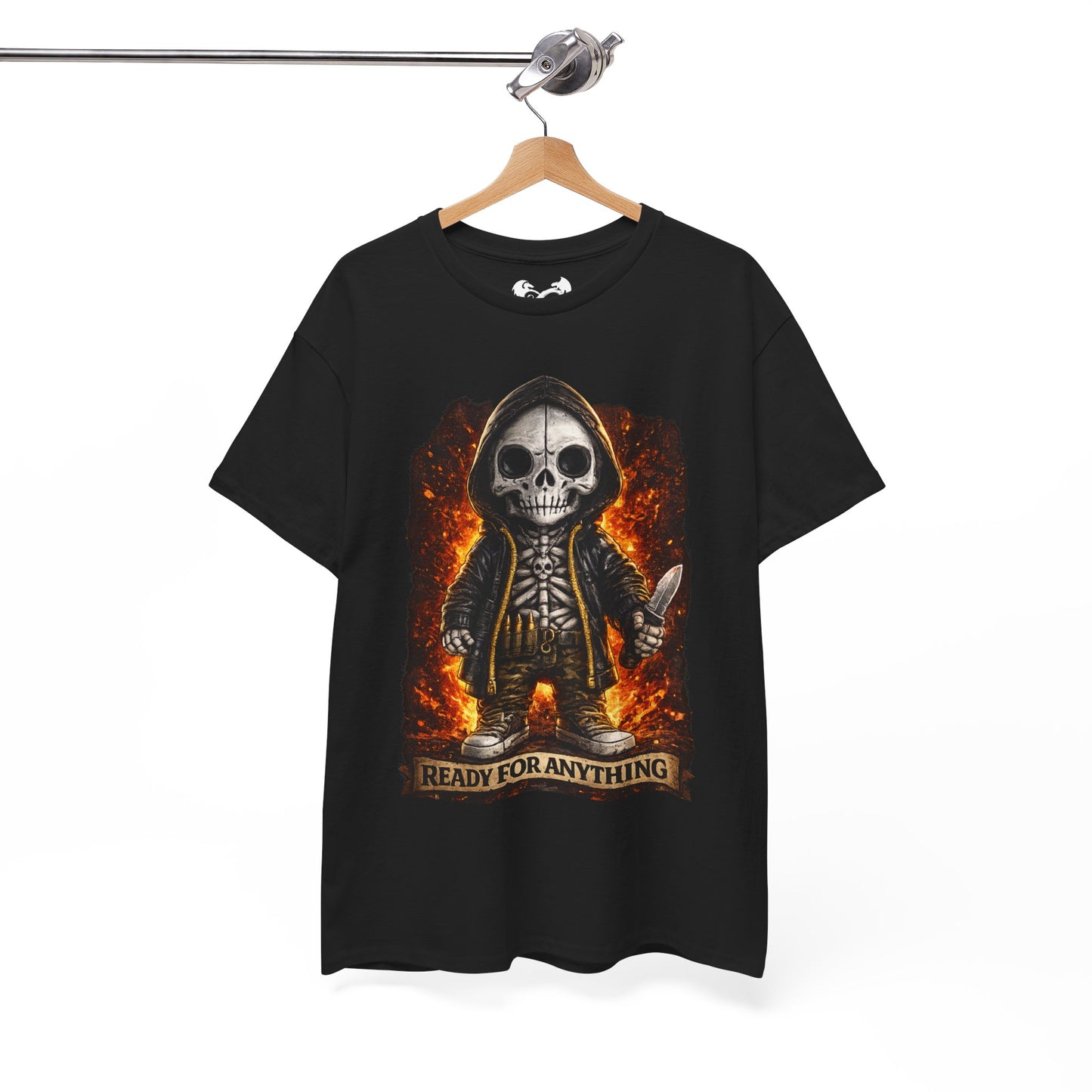 Black t-shirt with a skeleton design and 'Ready for Anything' text on a hanger against a white background