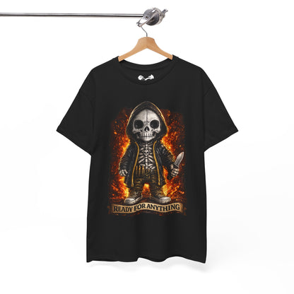 Black t-shirt with a skeleton design and 'Ready for Anything' text on a hanger against a white background