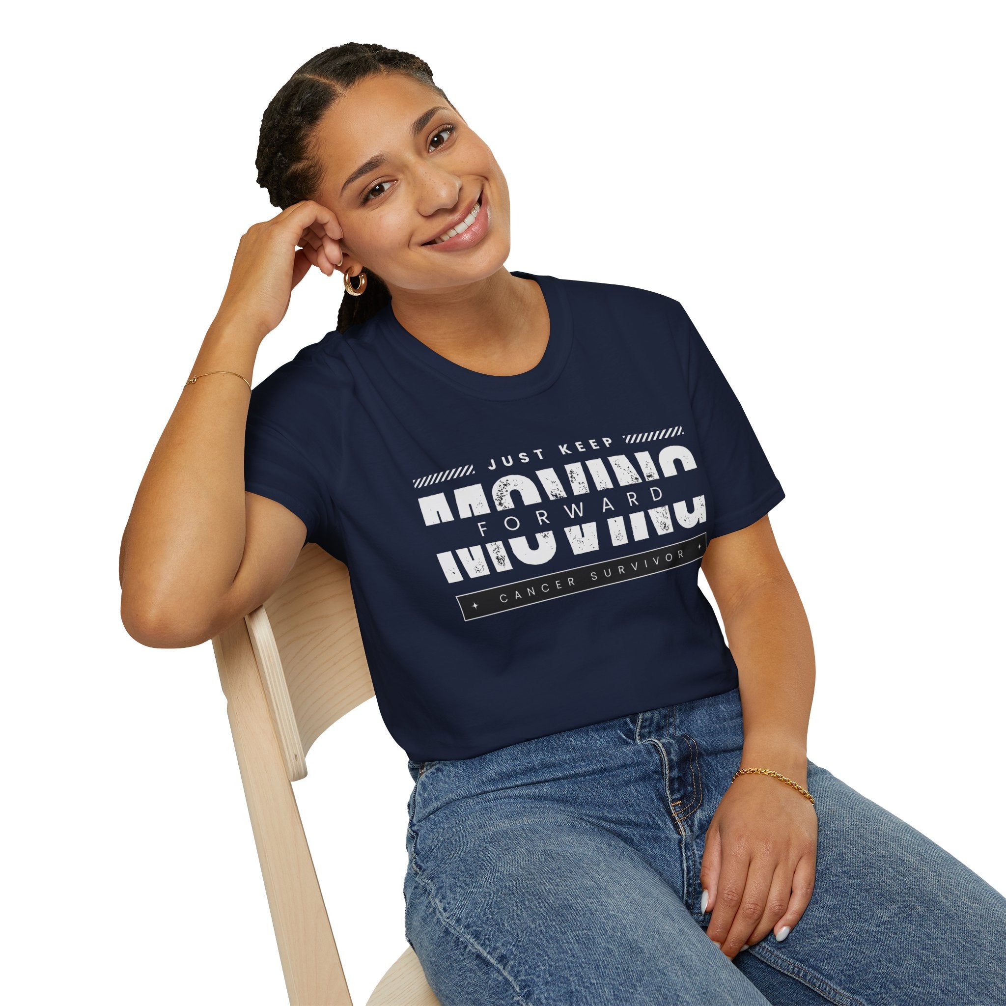 This unisex t-shirt is a canvas for self-expression, crafted for those who embrace resilience. With the phrase "Just Keep Moving Forward - Cancer Survivor" emblazoned across the chest, it celebrates strength and spirit.