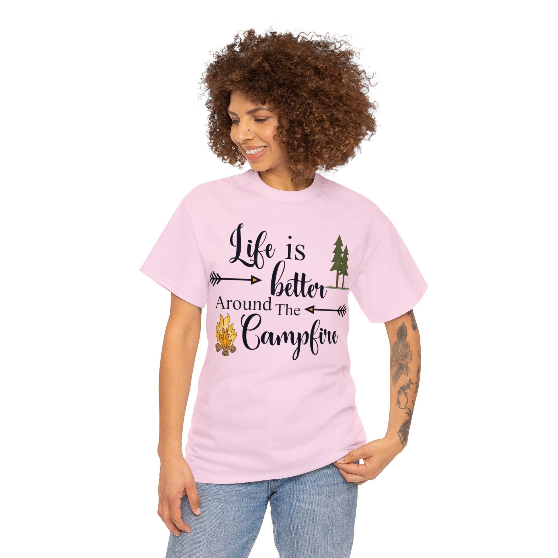 Take a break from the daily grind and embrace the great outdoors with our "Life Is Better Around The Campfire" tee. Made from heavy cotton, this shirt is perfect for your camping adventures. Its playful message will remind you to enjoy life's simple pleasures (like s'mores) around the fire.