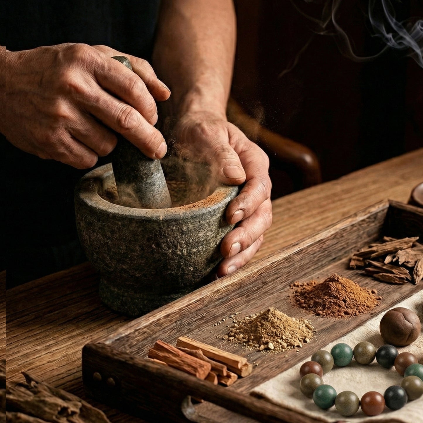Person using a mortar and pestle on a wooden surface with spices and a bracelet.