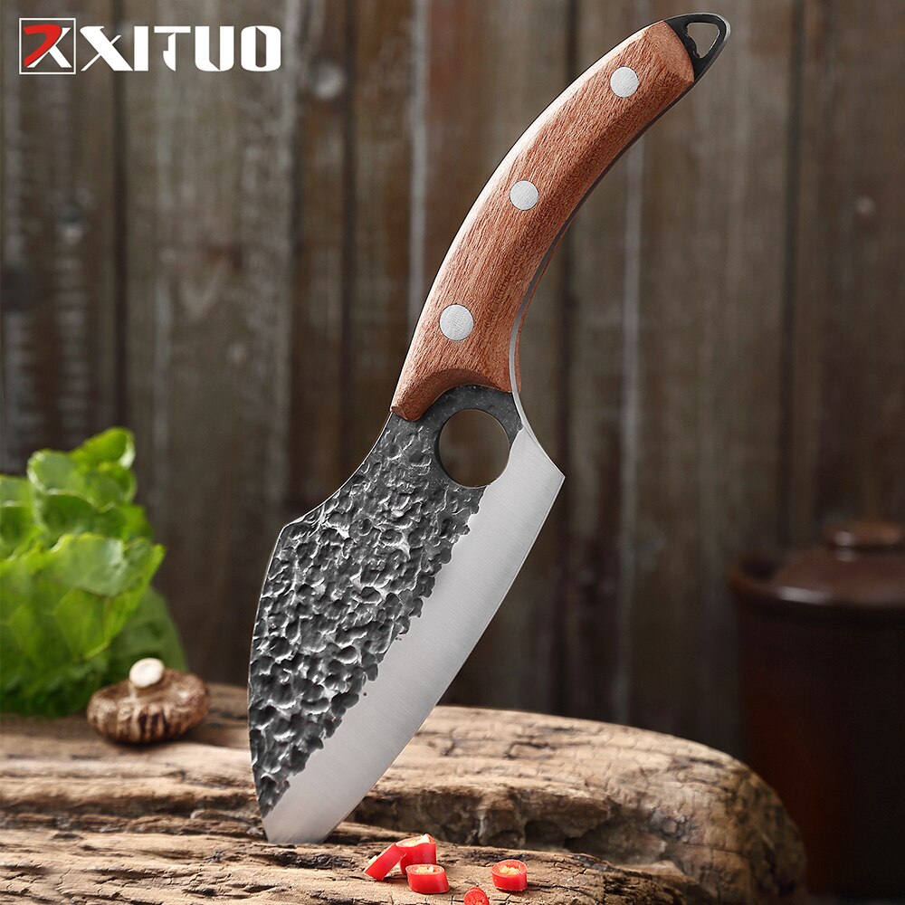 Forged from premium stainless steel, this handmade meat cleaver delivers professional-grade performance for both culinary and field applications. The robust blade geometry excels at breaking down large cuts of meat with minimal effort, while the balanced weight distribution ensures controlled, precise strikes.