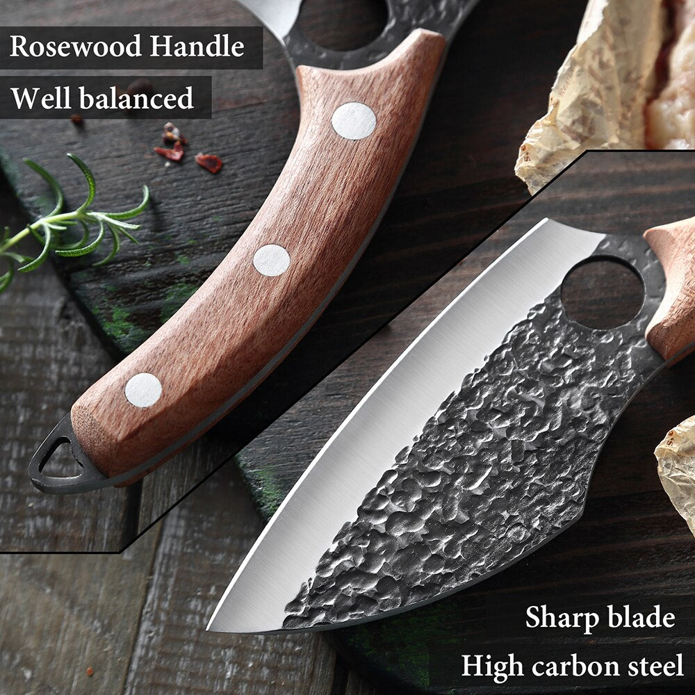 Forged from premium stainless steel, this handmade meat cleaver delivers professional-grade performance for both culinary and field applications. The robust blade geometry excels at breaking down large cuts of meat with minimal effort, while the balanced weight distribution ensures controlled, precise strikes.