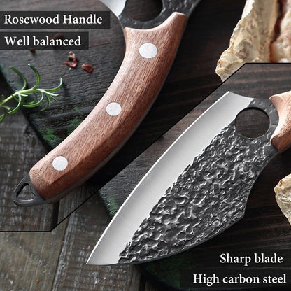 Forged from premium stainless steel, this handmade meat cleaver delivers professional-grade performance for both culinary and field applications. The robust blade geometry excels at breaking down large cuts of meat with minimal effort, while the balanced weight distribution ensures controlled, precise strikes.