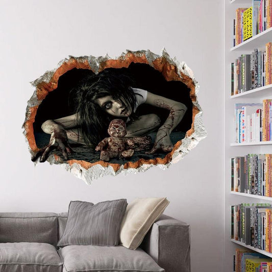 Make your Halloween decorations unforgettable with these Large Halloween Creepy 3D Bloody Broken Girl Stickers. Featuring a chilling, realistic design, they add spine-tingling depth and gore to any surface.
