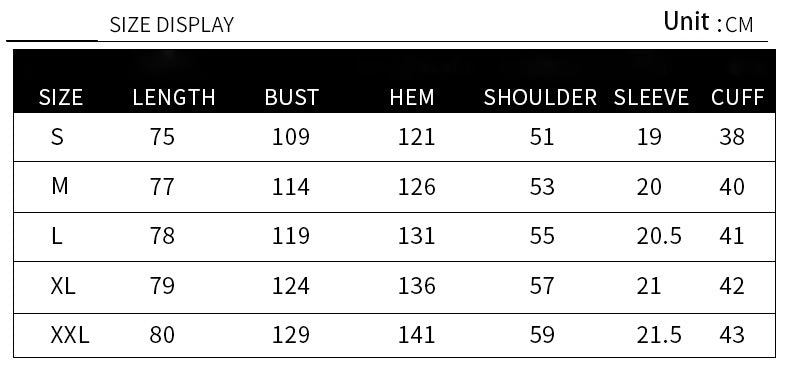 Size display chart for clothing measurements in centimeters