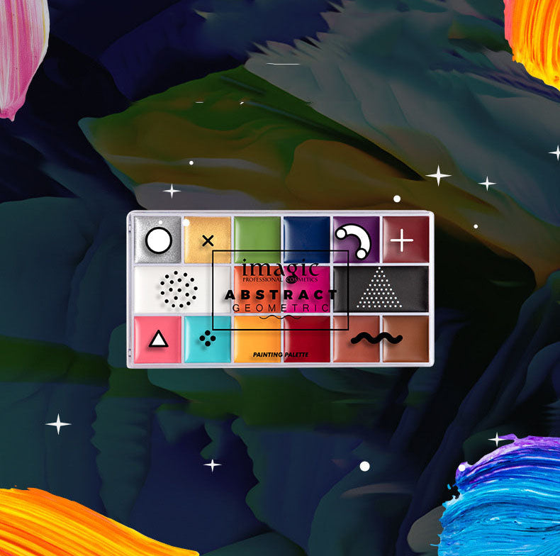 A 3x4 grid of colorful abstract geometric color tiles with symbols, labeled 'image ABSTRACT GEOMETRIC' and 'MAISON D'ABRIS', set against a dark abstract painted background with brushstrokes and star-like sparkles.