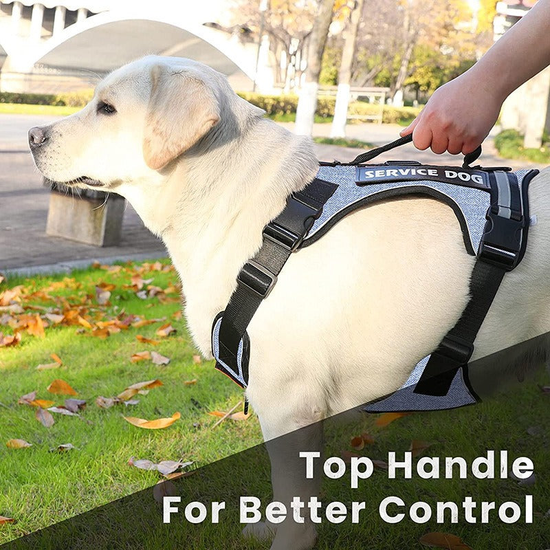 Introducing the Reflective Explosion-Proof Service Dog Harness, designed for your furry companion's safety and comfort. With its reflective material, your service dog will be visible at night, providing peace of mind. 