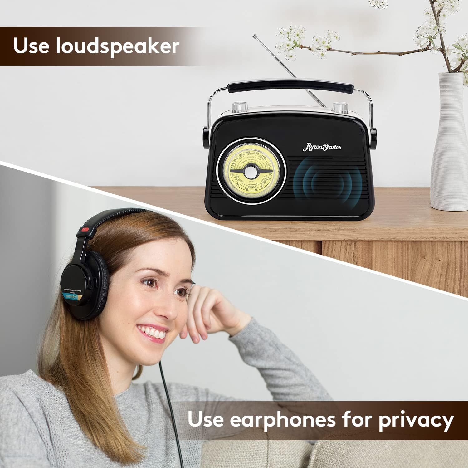 Black AM FM Radio - Small Portable Radios Vintage Retro with Headphone Jack, Large Analog Rotary Tuning Dial - Power Plug or 4 x 1.5V AA Battery