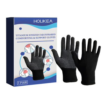 Titanium Ionized Far Infrared Comforting &amp; Support Gloves are designed to enhance hand comfort and support through advanced far infrared technology. The titanium ionization promotes improved circulation and helps soothe hand fatigue, making these gloves ideal for those seeking relief during daily activities or repetitive motions.