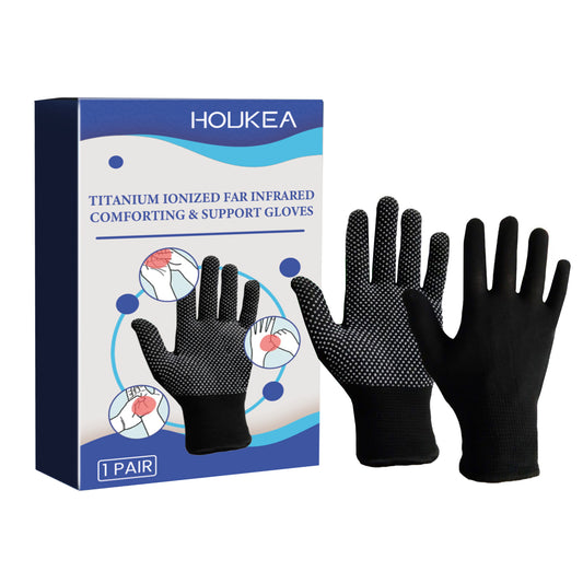 Titanium Ionized Far Infrared Comforting &amp; Support Gloves are designed to enhance hand comfort and support through advanced far infrared technology. The titanium ionization promotes improved circulation and helps soothe hand fatigue, making these gloves ideal for those seeking relief during daily activities or repetitive motions.