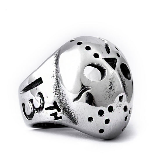 Make a bold statement with the Steel Halloween Friday 13th Mask Ring. Crafted from durable steel, this striking piece channels the eerie energy of the iconic Friday the 13th mask, perfect for those who dare to stand out.