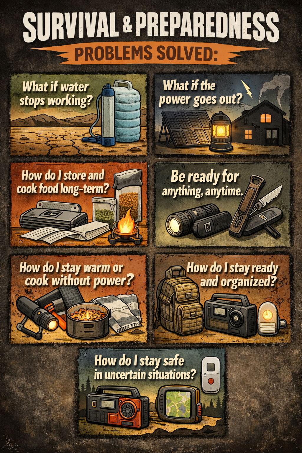An educational poster titled 'SURVIVAL & PREPAREDNESS PROBLEMS SOLVED:' featuring six illustrated panels with survival questions and answers, including water storage, food storage, emergency lighting, warmth solutions, organization, and safety gear.