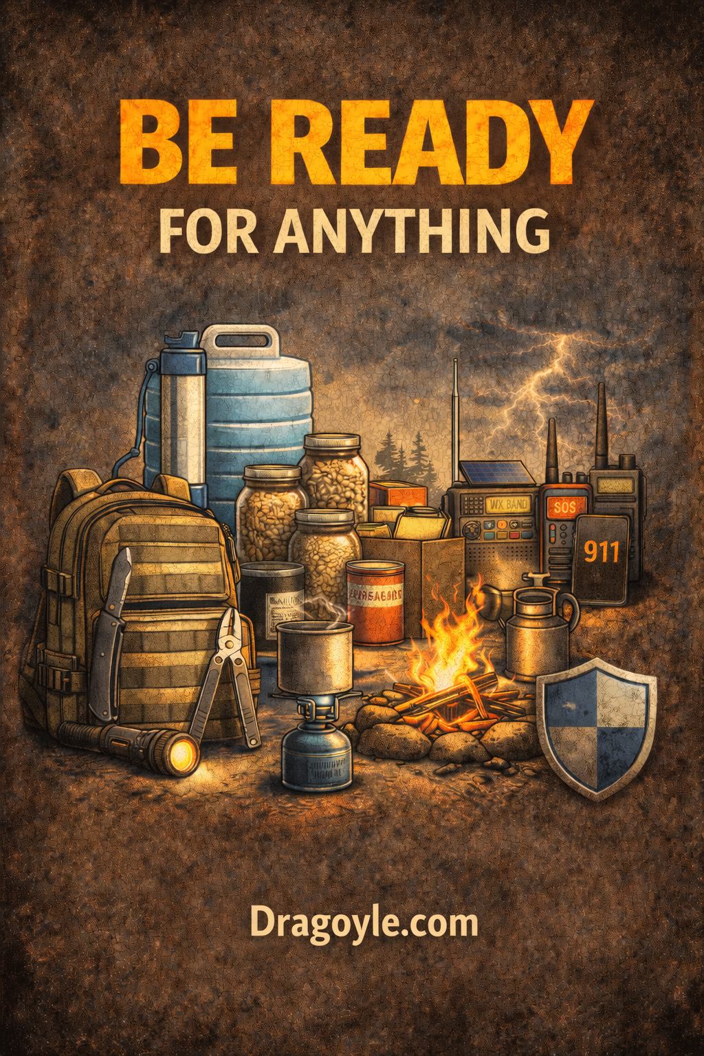 A rustic promotional graphic with the text 'BE READY FOR ANYTHING' above a styled camp scene. The scene shows a backpack, water container, jars, lanterns, a small stove, a fire, radios, and a shield on a textured brown background.
