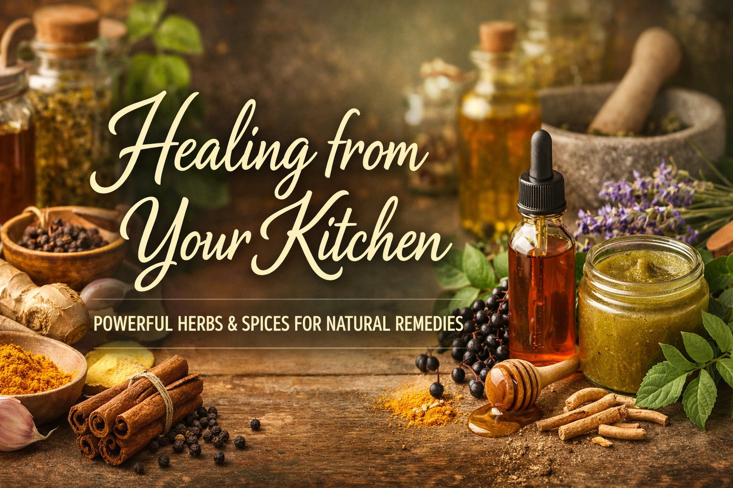 Spices, herbs, and oils on a wooden surface with text 'Healing from Your Kitchen'.