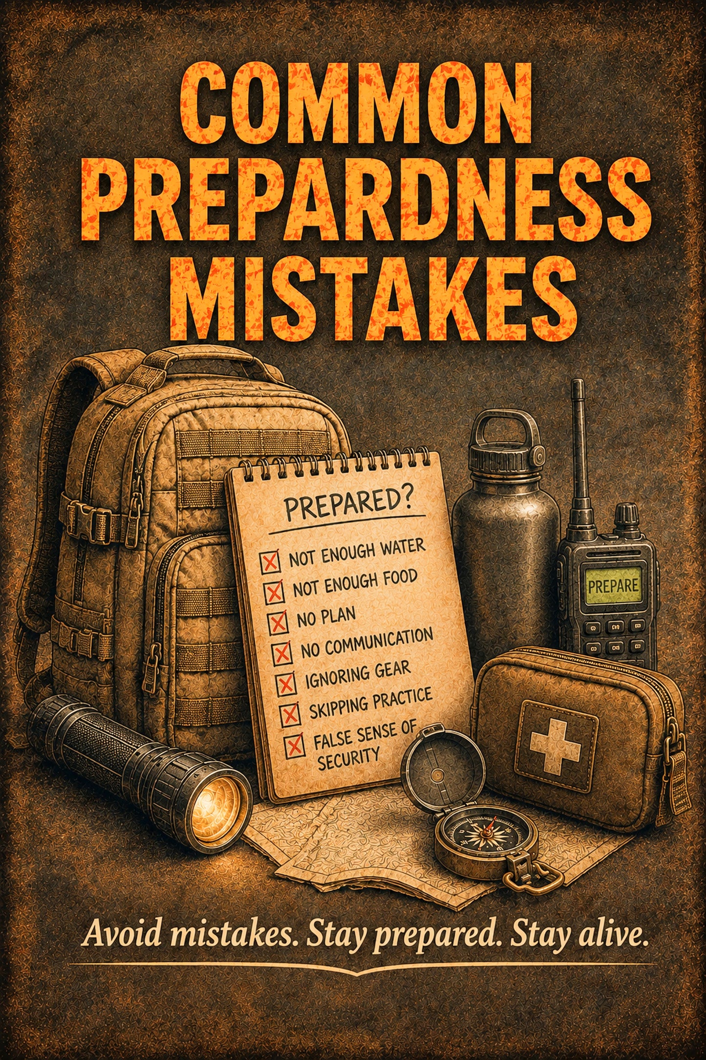A sepia-toned preparedness poster with the title 'COMMON PREPARENESS MISTAKES' in large orange text. The scene shows survival gear arranged on a textured background: a backpack, notebook with a checklist, water bottle, radio, flashlight, first-aid pouch, compass, and map.